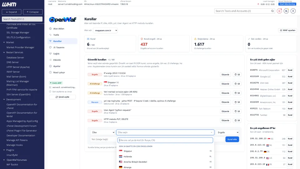 OpenWaf rules screen: block, challenge and rate-limit rules with match counts